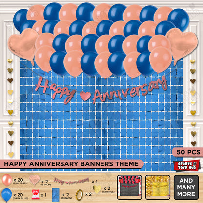 Happy Anniversary Rose Gold Cursive Banner Rectangle Curtain Theme Collection