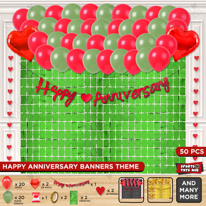 Happy Anniversary Red Cursive Banner Rectangle Curtain Theme Collection