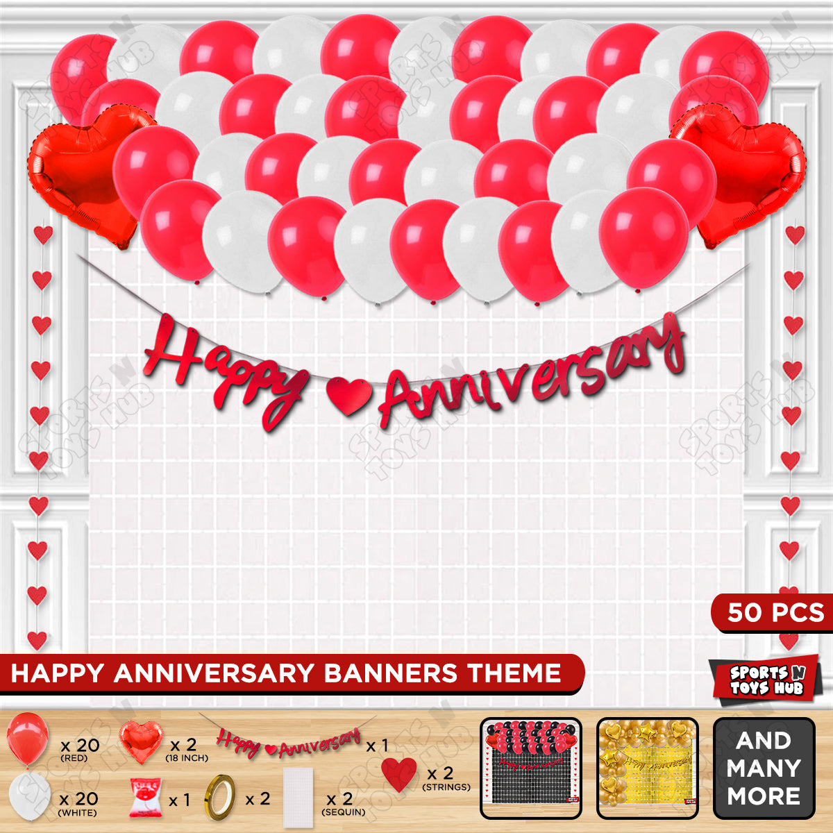 Happy Anniversary Red Cursive Banner Rectangle Curtain Theme Collection