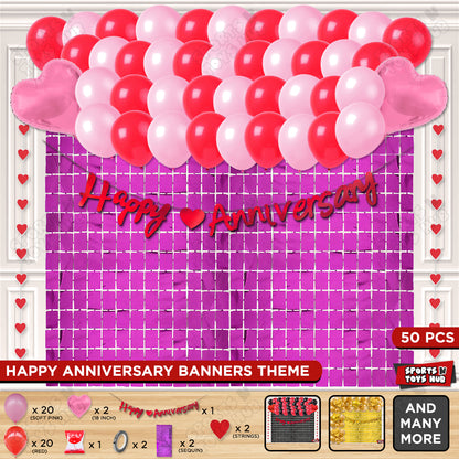 Happy Anniversary Red Cursive Banner Rectangle Curtain Theme Collection