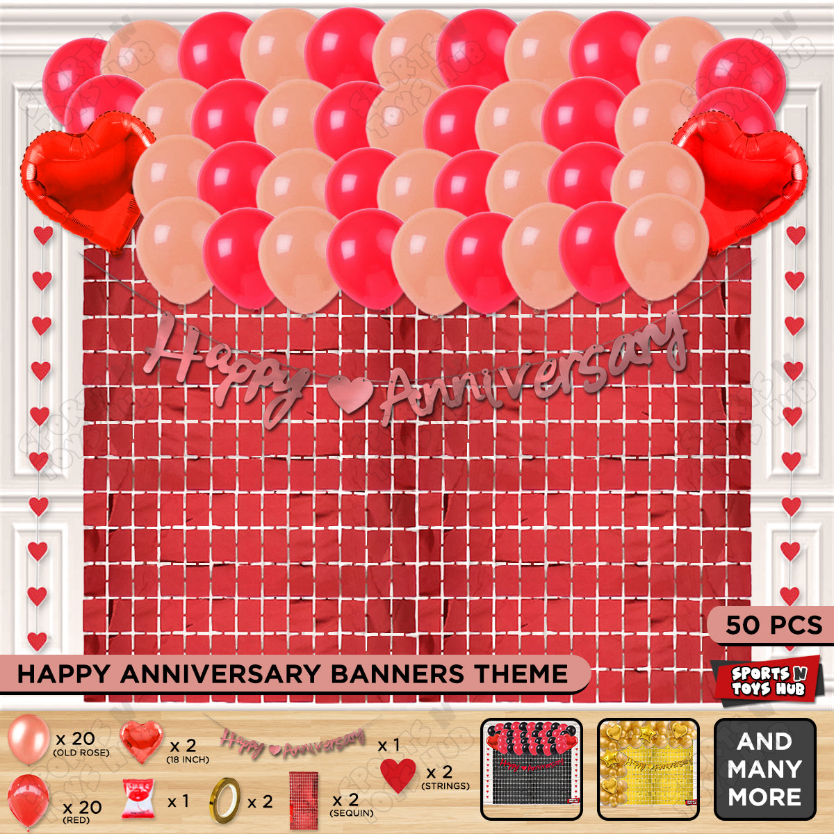 Happy Anniversary Rose Gold Cursive Banner Rectangle Curtain Theme Collection