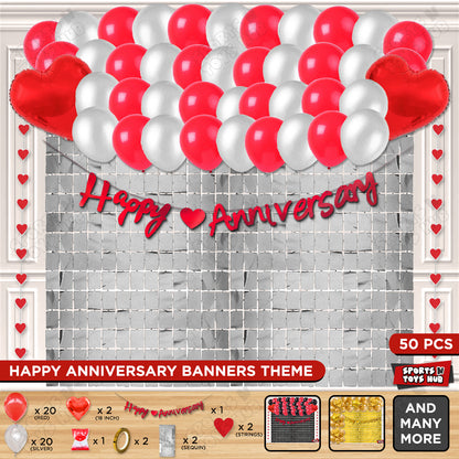 Happy Anniversary Red Cursive Banner Rectangle Curtain Theme Collection