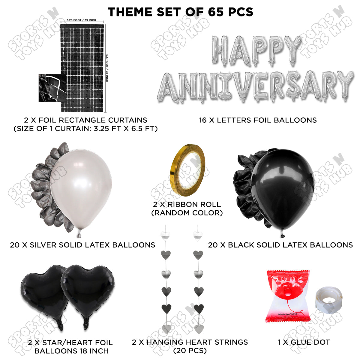 Happy Anniversary Silver Foil Letter Rectangle Curtain Theme Collection