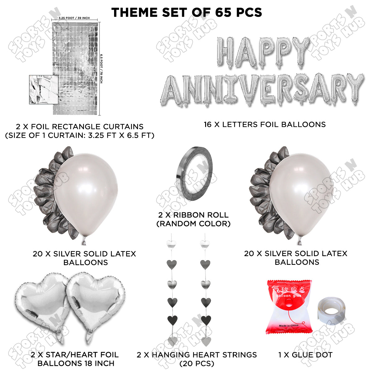 Happy Anniversary Silver Foil Letter Rectangle Curtain Theme Collection