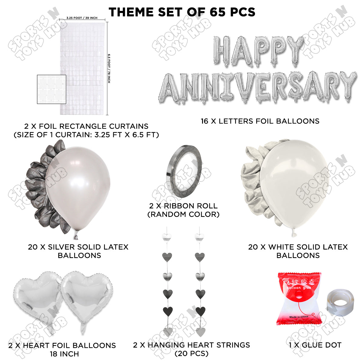Happy Anniversary Silver Foil Letter Rectangle Curtain Theme Collection