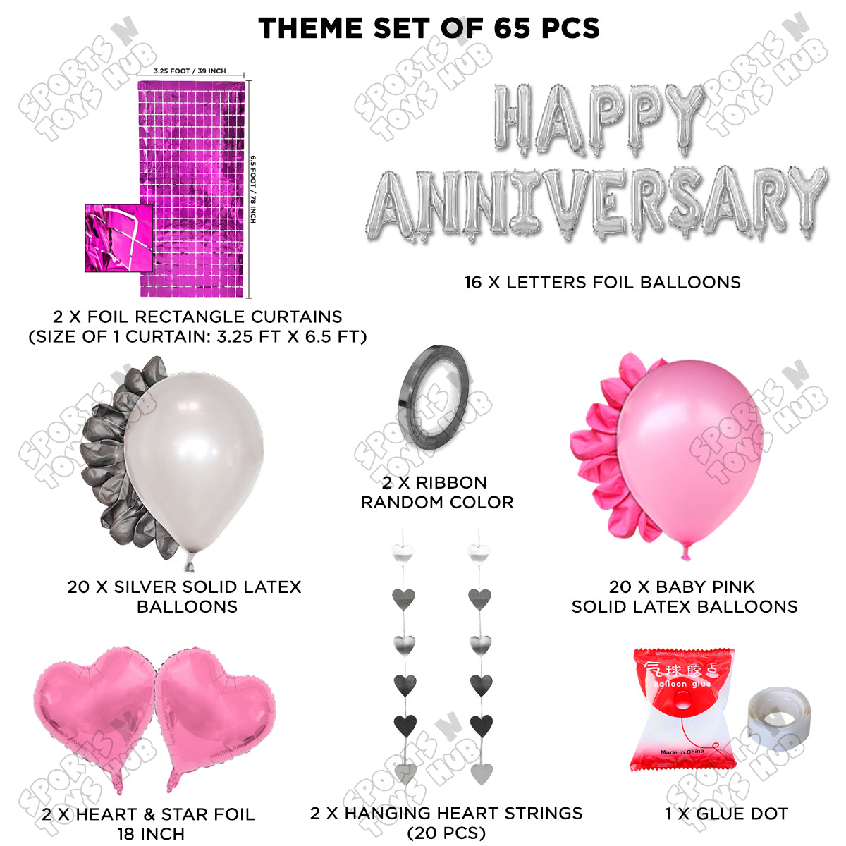 Happy Anniversary Silver Foil Letter Rectangle Curtain Theme Collection