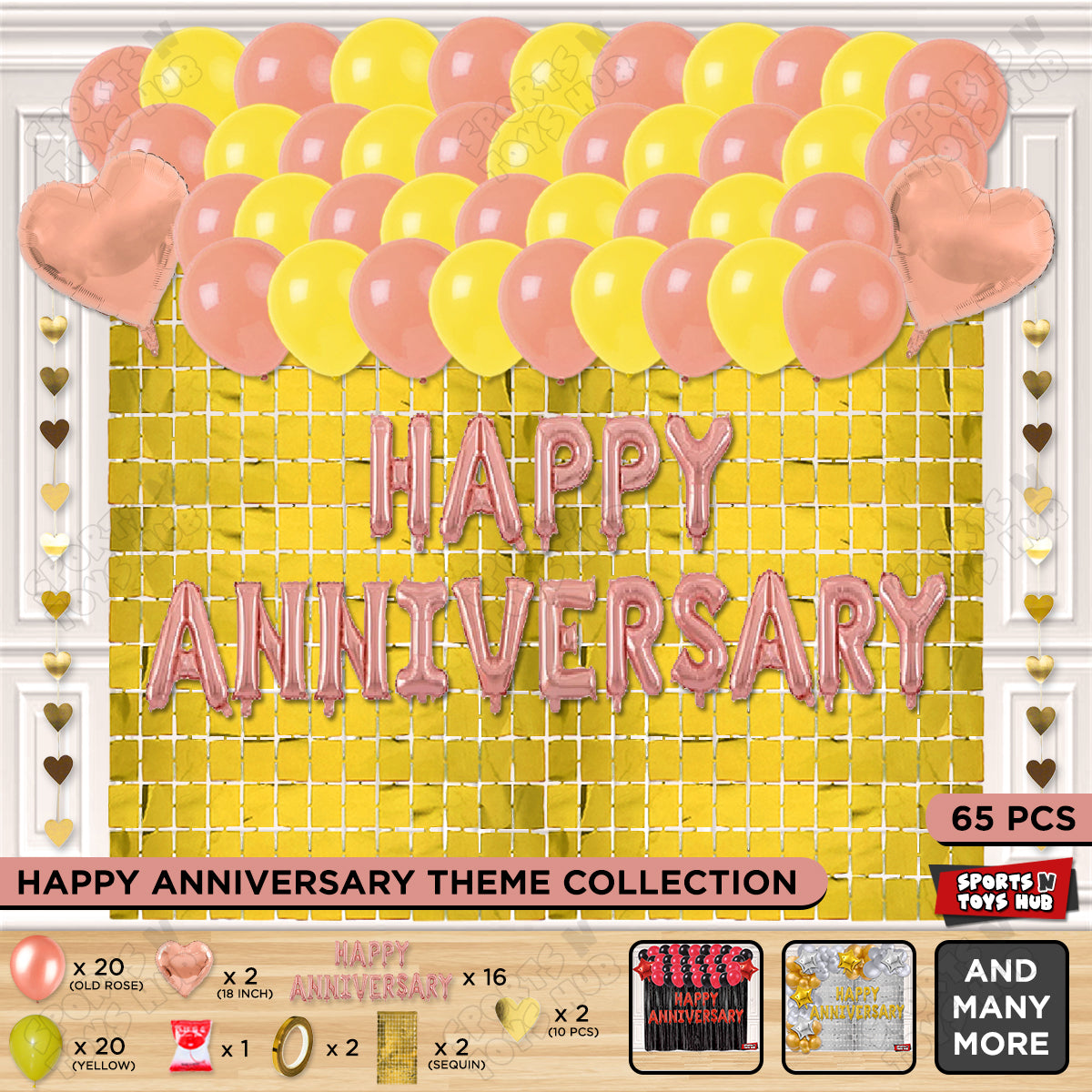 Happy Anniversary Rose Gold Vintage Foil Letter Rectangle Curtain Theme Collection