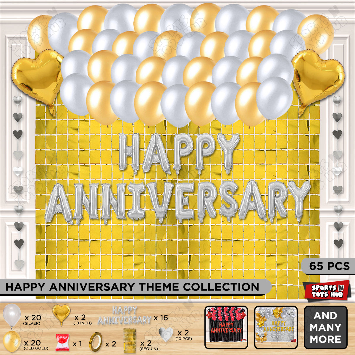 Happy Anniversary Silver Foil Letter Rectangle Curtain Theme Collection