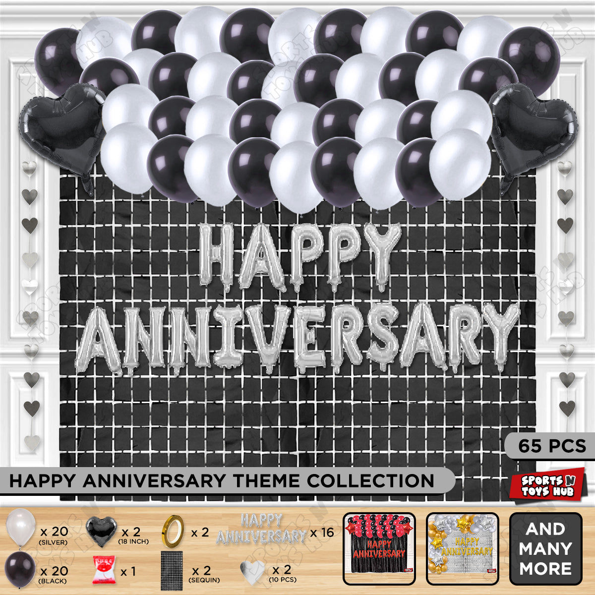 Happy Anniversary Silver Foil Letter Rectangle Curtain Theme Collection
