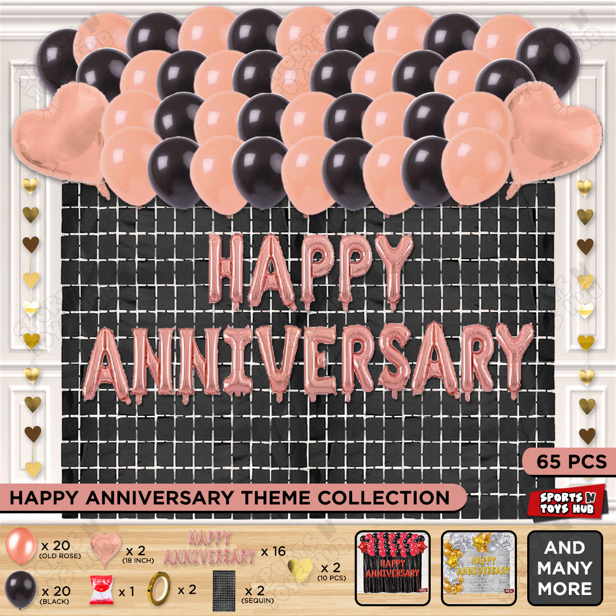 Happy Anniversary RoseGold Foil Letter Rectangle Curtain Theme Collection