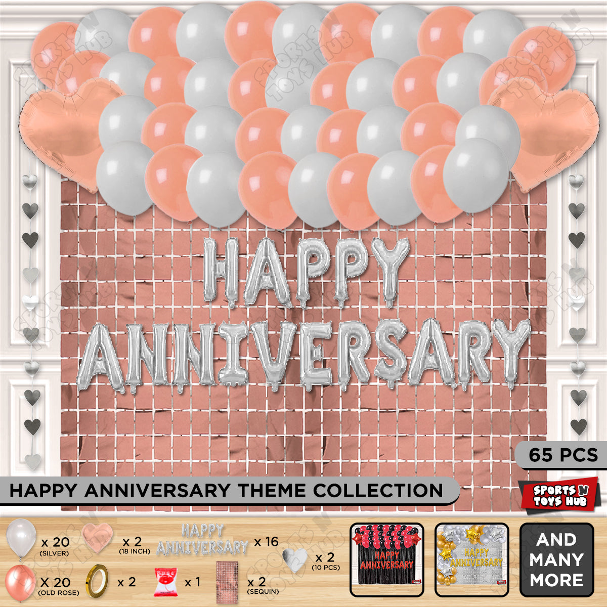 Happy Anniversary Silver Foil Letter Rectangle Curtain Theme Collection