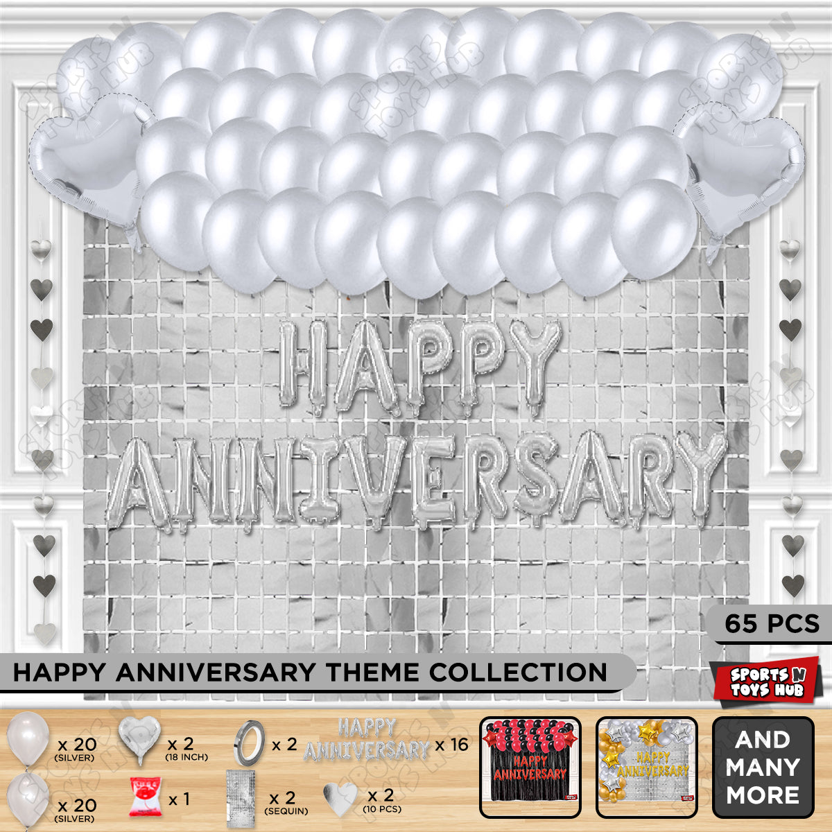 Happy Anniversary Silver Foil Letter Rectangle Curtain Theme Collection