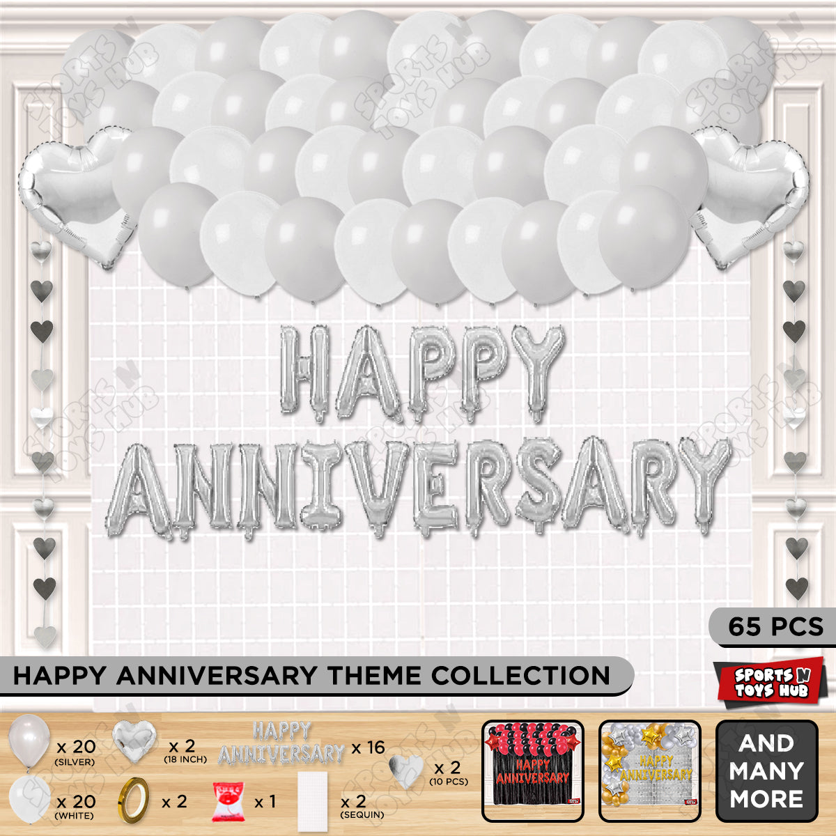 Happy Anniversary Silver Foil Letter Rectangle Curtain Theme Collection