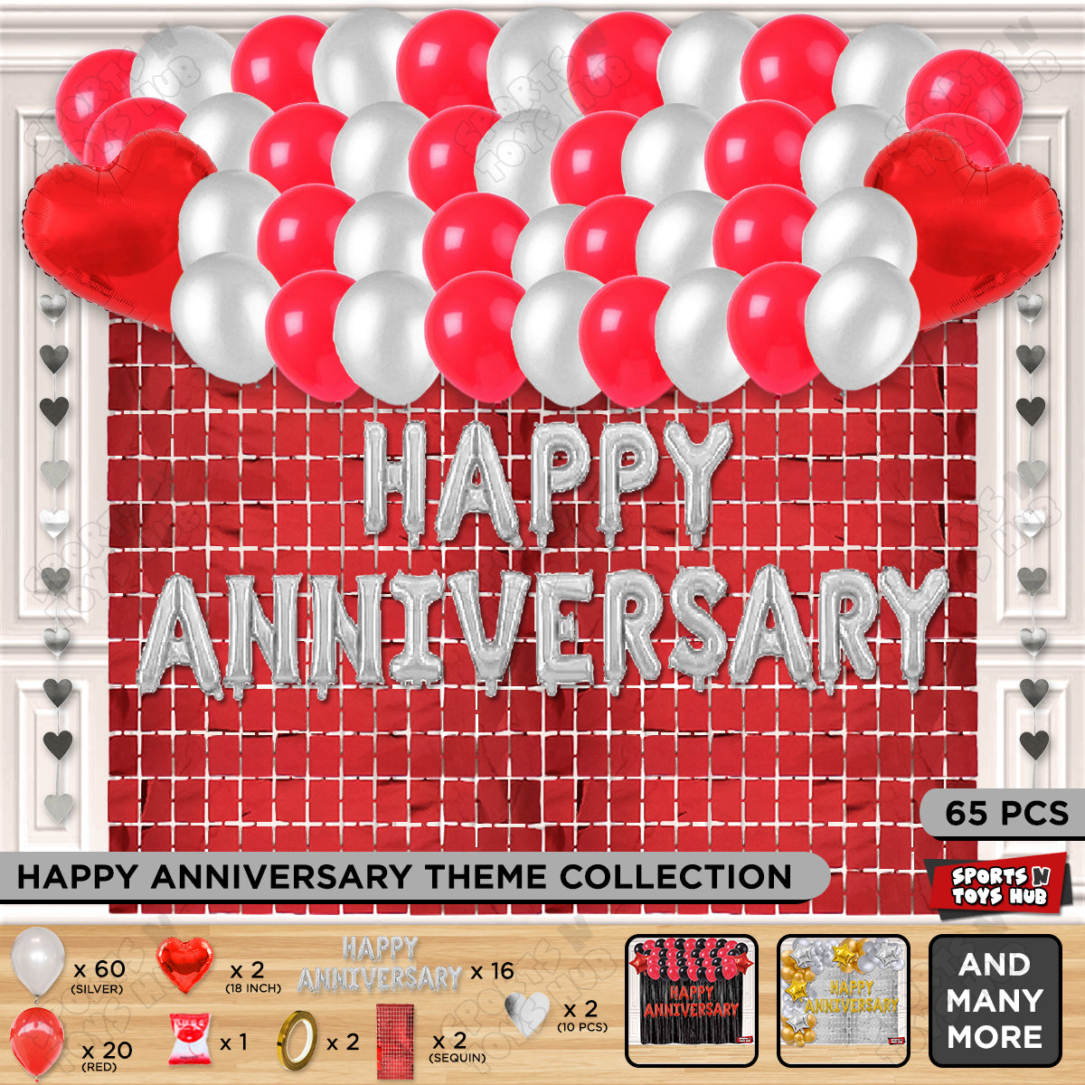 Happy Anniversary Silver Foil Letter Rectangle Curtain Theme Collection