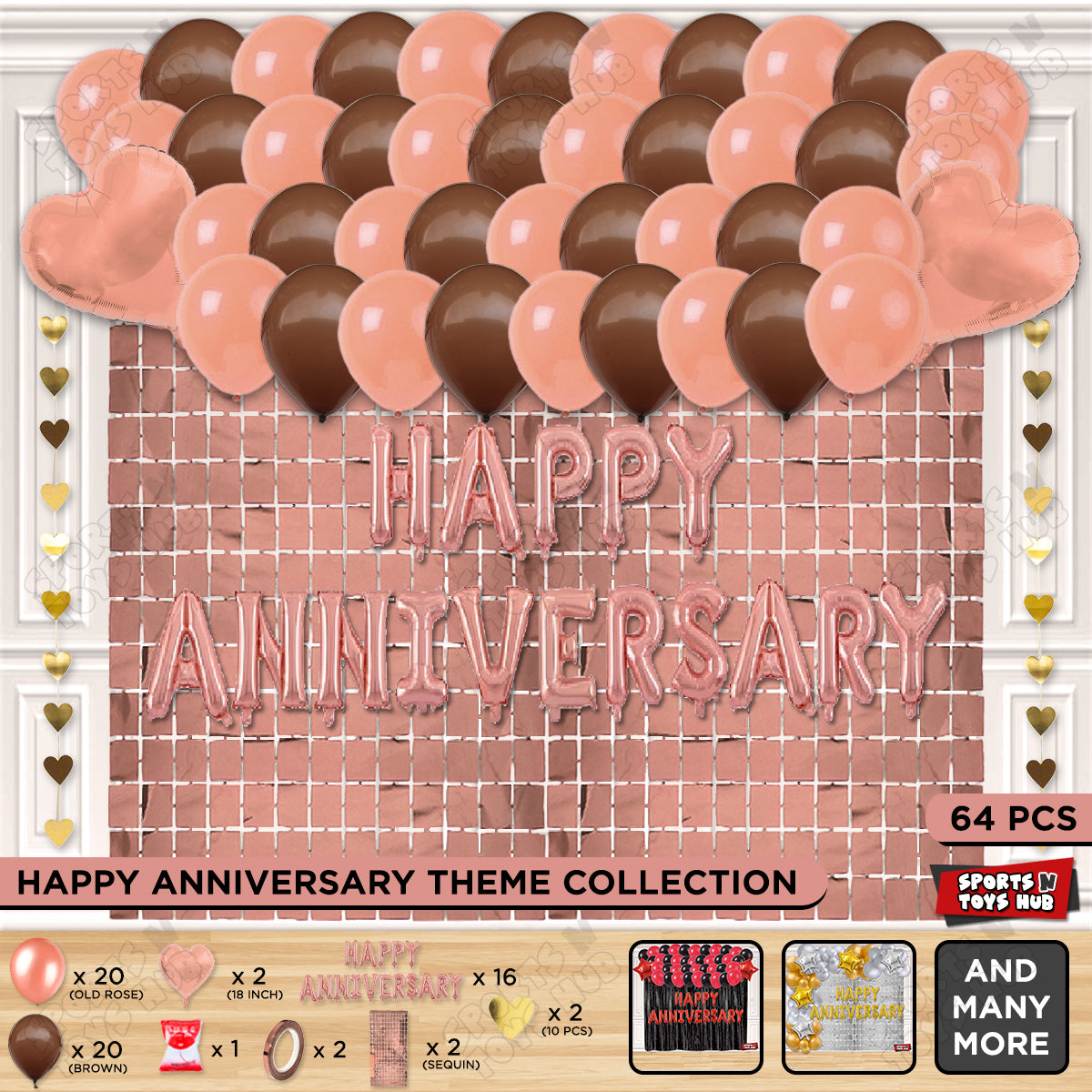 Happy Anniversary Rose Gold Vintage Foil Letter Rectangle Curtain Theme Collection