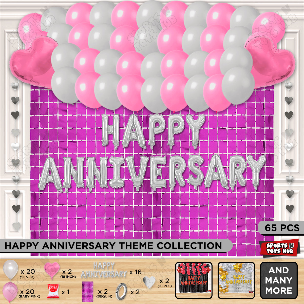 Happy Anniversary Silver Foil Letter Rectangle Curtain Theme Collection