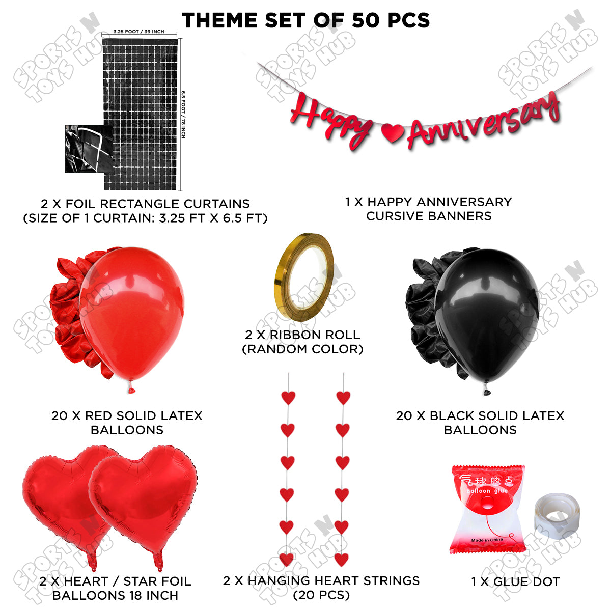 Happy Anniversary Red Cursive Banner Rectangle Curtain Theme Collection