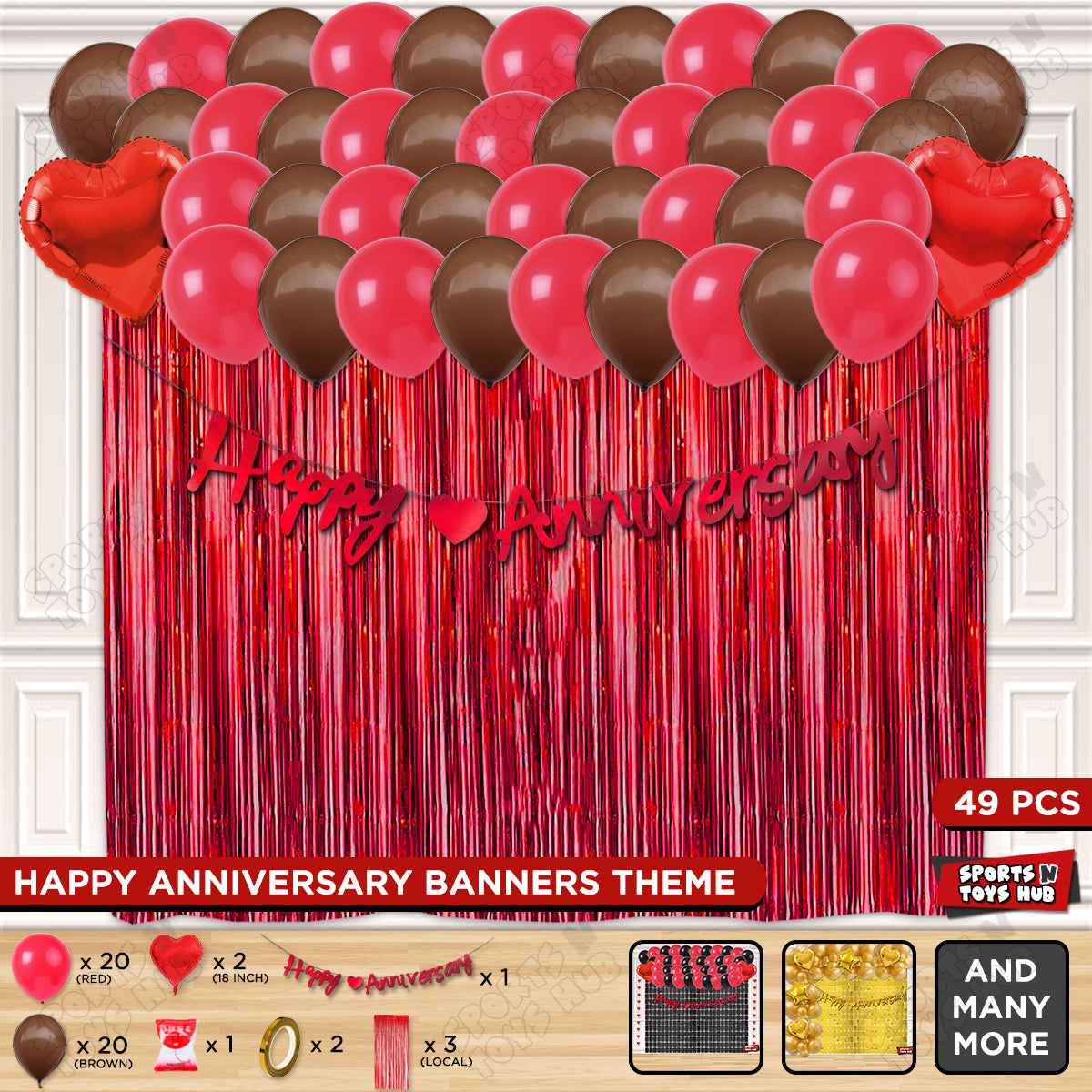 Happy Anniversary Red Cursive Banner Curtain Theme Collection