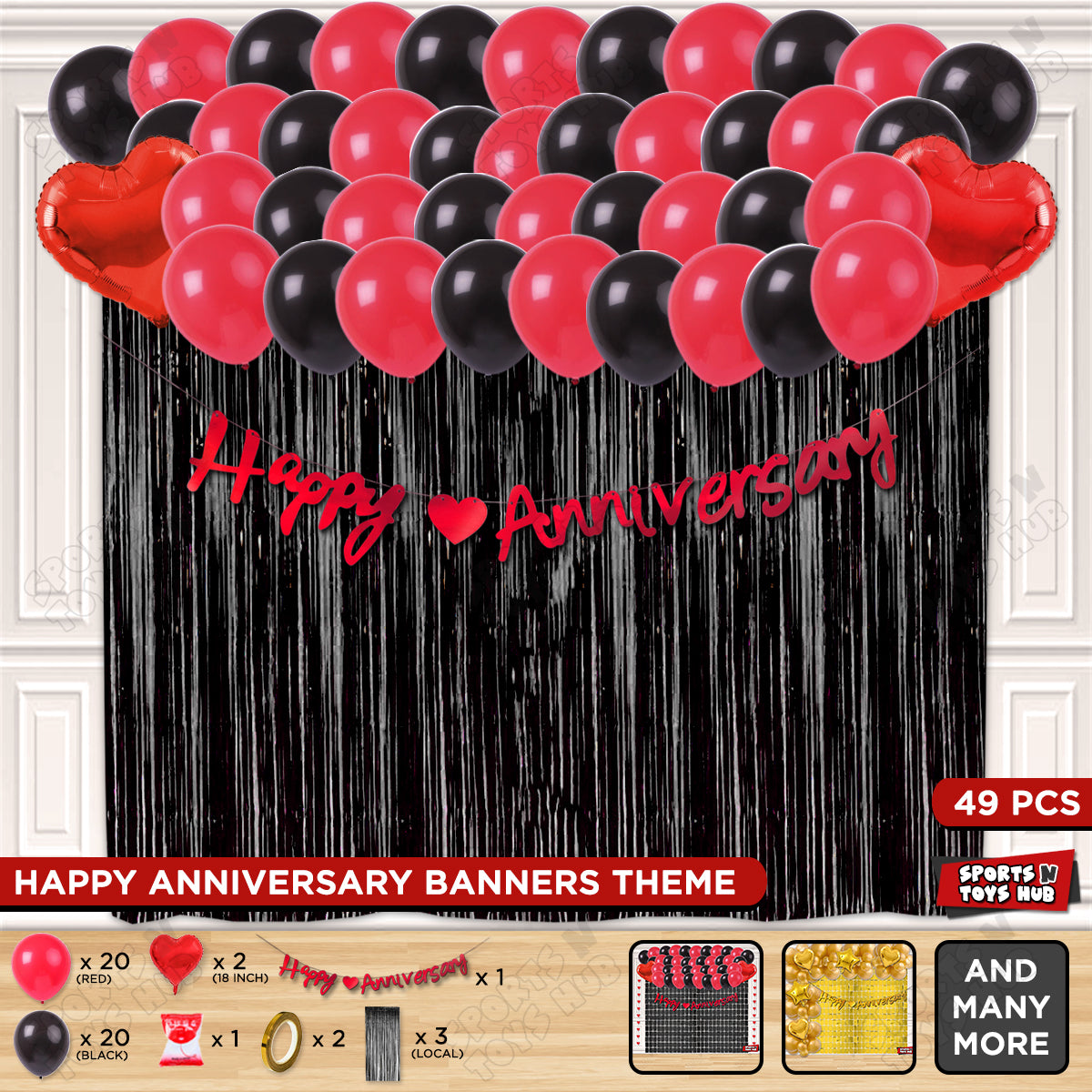 Happy Anniversary Red Cursive Banner Curtain Theme Collection