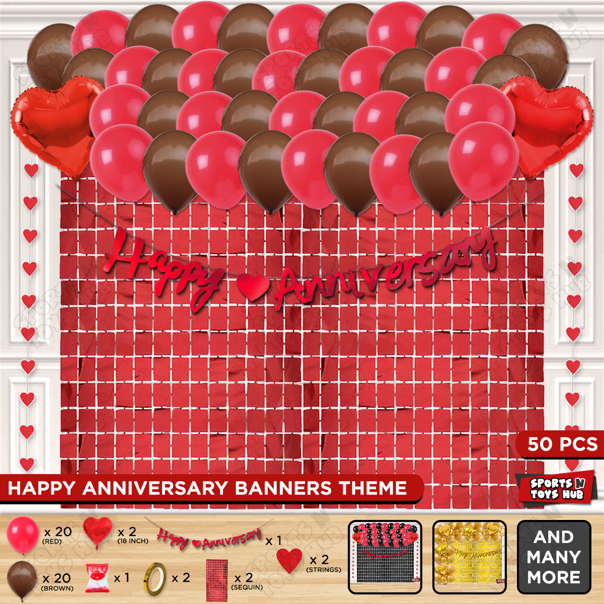 Happy Anniversary Red Cursive Banner Rectangle Curtain Theme Collection