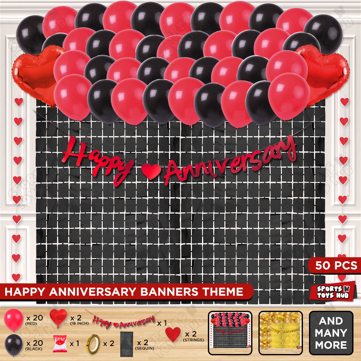 Happy Anniversary Red Cursive Banner Rectangle Curtain Theme Collection