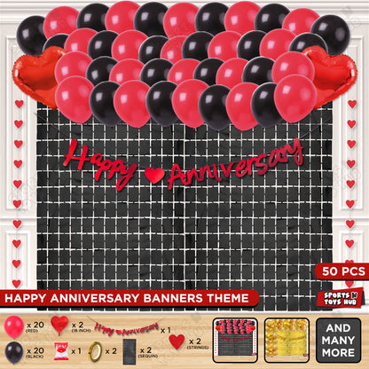 Happy Anniversary Red Cursive Banner Rectangle Curtain Theme Collection