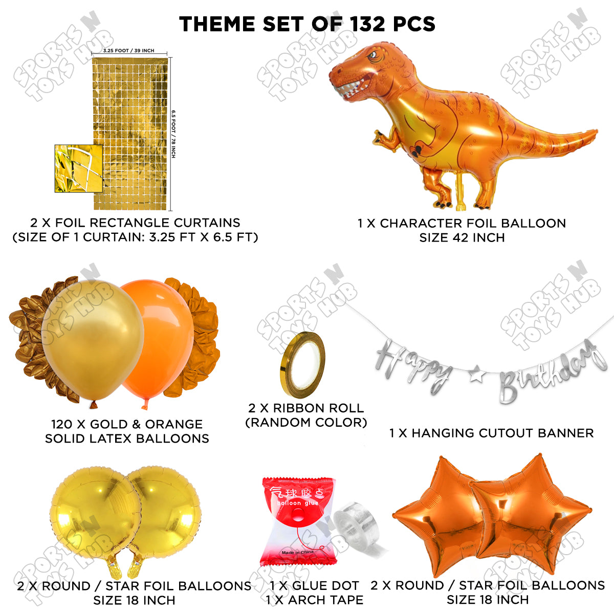 Jumbo T-Rex Orange Color Dino Foil Balloon Set with HBD Cursive Banner Arch Theme