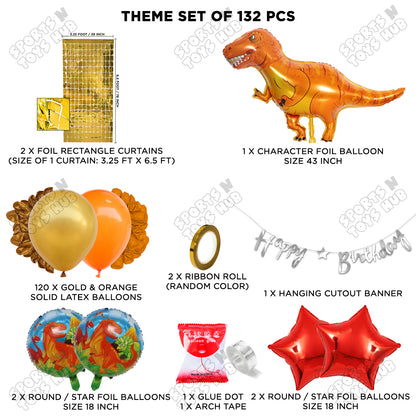 T-Rex Dino Orange Color Foil Balloon Set with HBD Cursive Banner Arch Theme