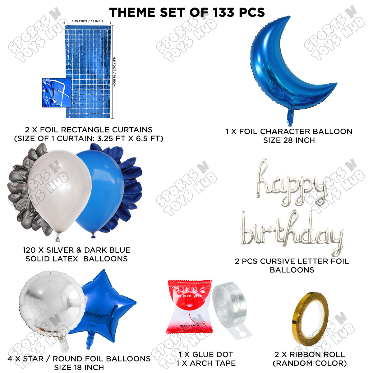 Crescent Moon Sapphire Blue Color Foil Balloon Set With Happy Birthday Cursive Foil Letter Balloon Arch Theme