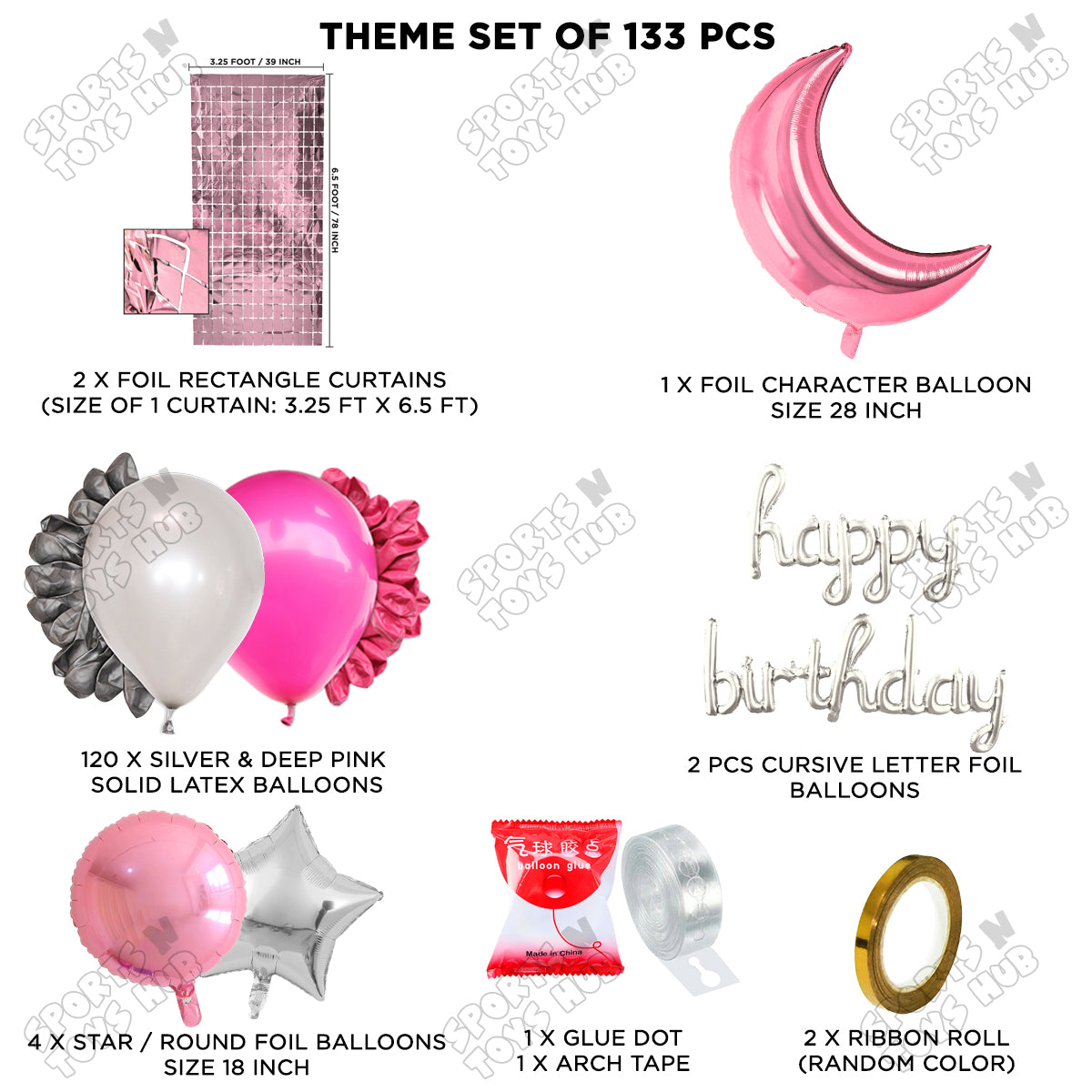 Crescent Moon Pink Color Foil Balloon Set With Happy Birthday Cursive Foil Letter Balloon Arch Theme