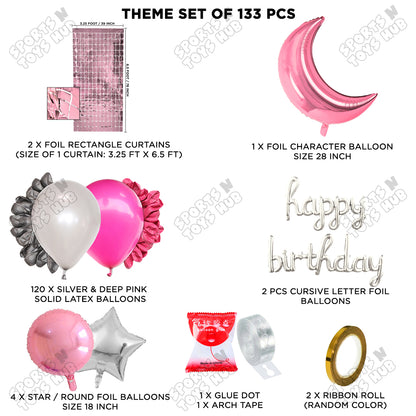 Crescent Moon Pink Color Foil Balloon Set With Happy Birthday Cursive Foil Letter Balloon Arch Theme