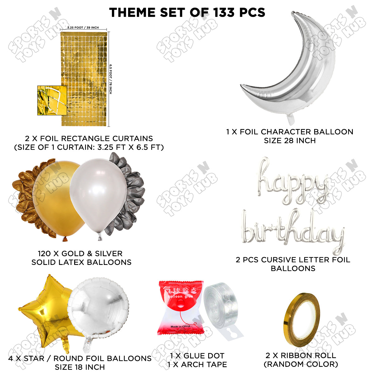 Crescent Moon Silver Color Foil Balloon Set With Happy Birthday Cursive Foil Letter Balloon Arch Theme