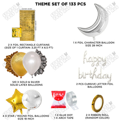 Crescent Moon Silver Color Foil Balloon Set With Happy Birthday Cursive Foil Letter Balloon Arch Theme