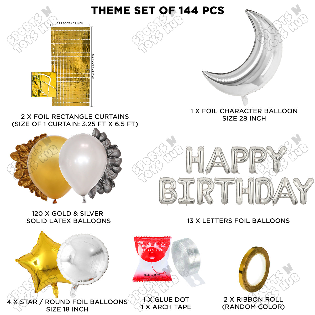 Crescent Moon Silver Color Foil Balloon Set With Happy Birthday Foil Letter Balloon Arch Theme