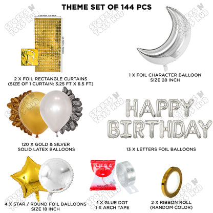 Crescent Moon Silver Color Foil Balloon Set With Happy Birthday Foil Letter Balloon Arch Theme