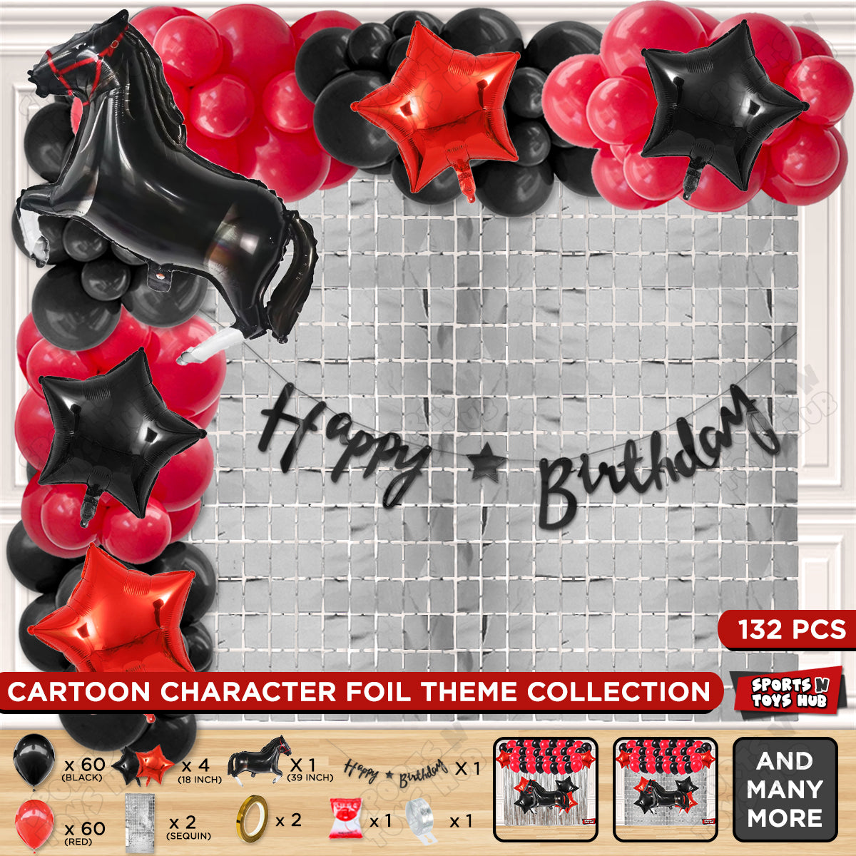 Cartoon Black Horse Theme Foil Balloon Set with Happy Birthday Cursive Card Banner Arch Theme