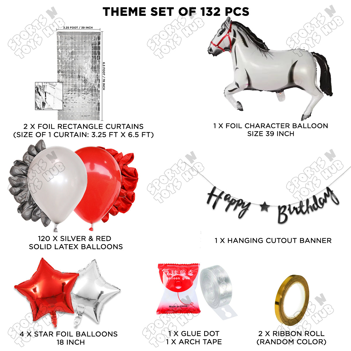 Cartoon White Horse Theme Foil Balloon Set with Happy Birthday Cursive Card Banner Arch Theme