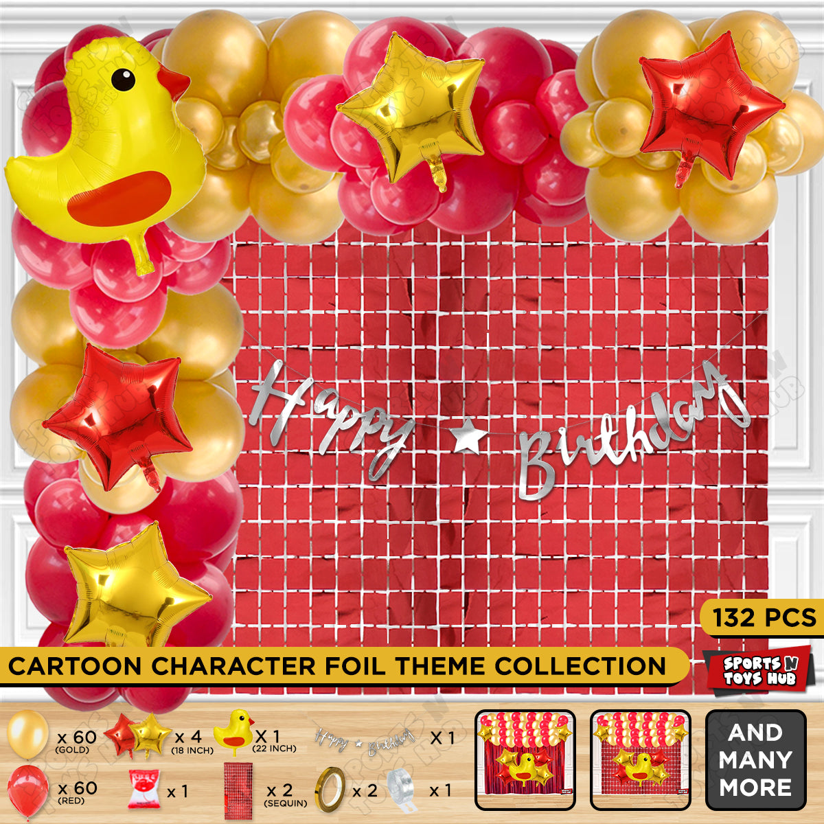 Chick Cartoon Foil Balloon Set With Happy Birthday Cursive Card Banner Arch Theme