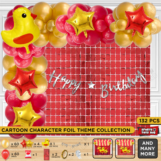 Chick Cartoon Foil Balloon Set With Happy Birthday Cursive Card Banner Arch Theme