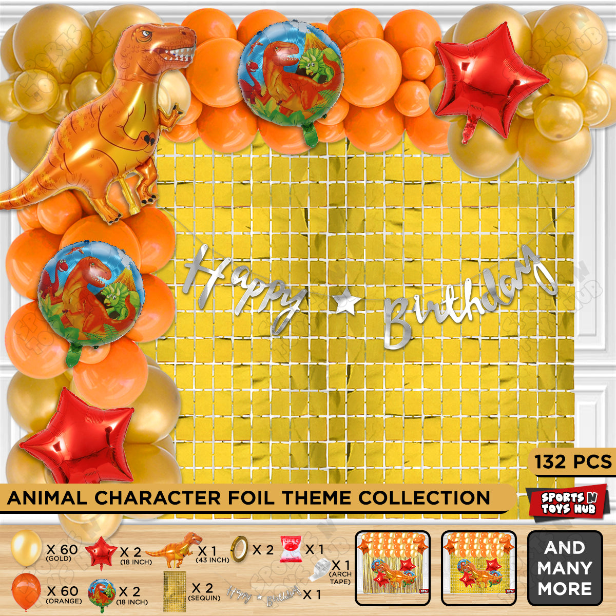 T-Rex Dino Orange Color Foil Balloon Set with HBD Cursive Banner Arch Theme