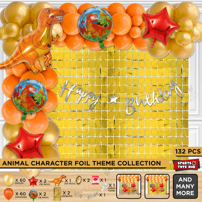 T-Rex Dino Orange Color Foil Balloon Set with HBD Cursive Banner Arch Theme