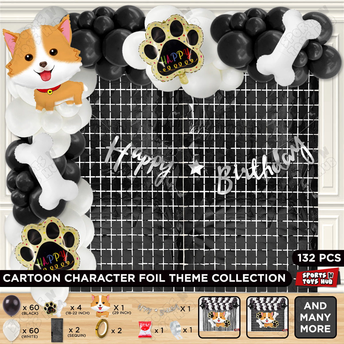 Dog Puppy Cartoon Foil Balloon Decoration Set Pack of 5 with Happy Birthday Cursive Card Banner Arch Theme – Cute Puppy Birthday Party Supplies for Kids & Girls