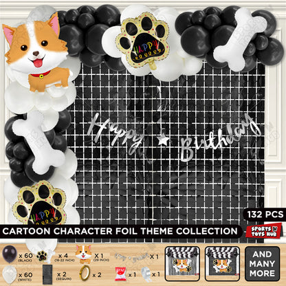 Dog Puppy Cartoon Foil Balloon Decoration Set Pack of 5 with Happy Birthday Cursive Card Banner Arch Theme – Cute Puppy Birthday Party Supplies for Kids & Girls