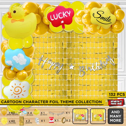 Cartoon Duck Character Theme Foil Balloon Set With Happy Birthday Cursive Card Banner Arch Theme