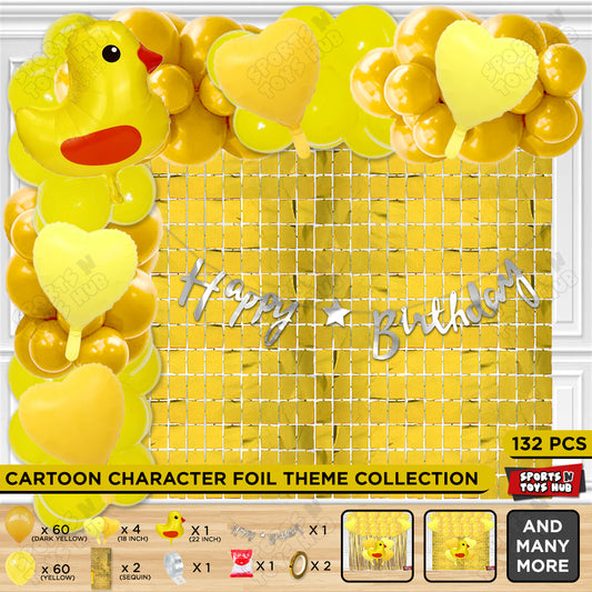 Pastel Chick Cartoon Foil Balloon Stand Set with Happy Birthday Cursive Card Banner Arch