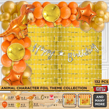 Jumbo T-Rex Orange Color Dino Foil Balloon Set with HBD Cursive Banner Arch Theme