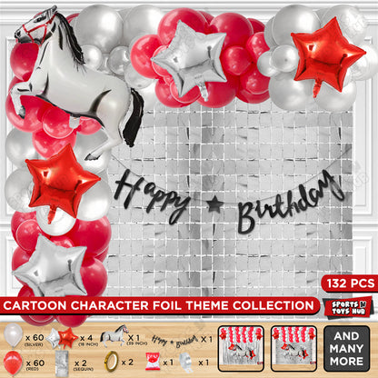 Cartoon White Horse Theme Foil Balloon Set with Happy Birthday Cursive Card Banner Arch Theme