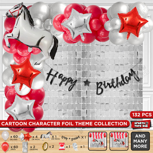 Cartoon White Horse Theme Foil Balloon Set with Happy Birthday Cursive Card Banner Arch Theme