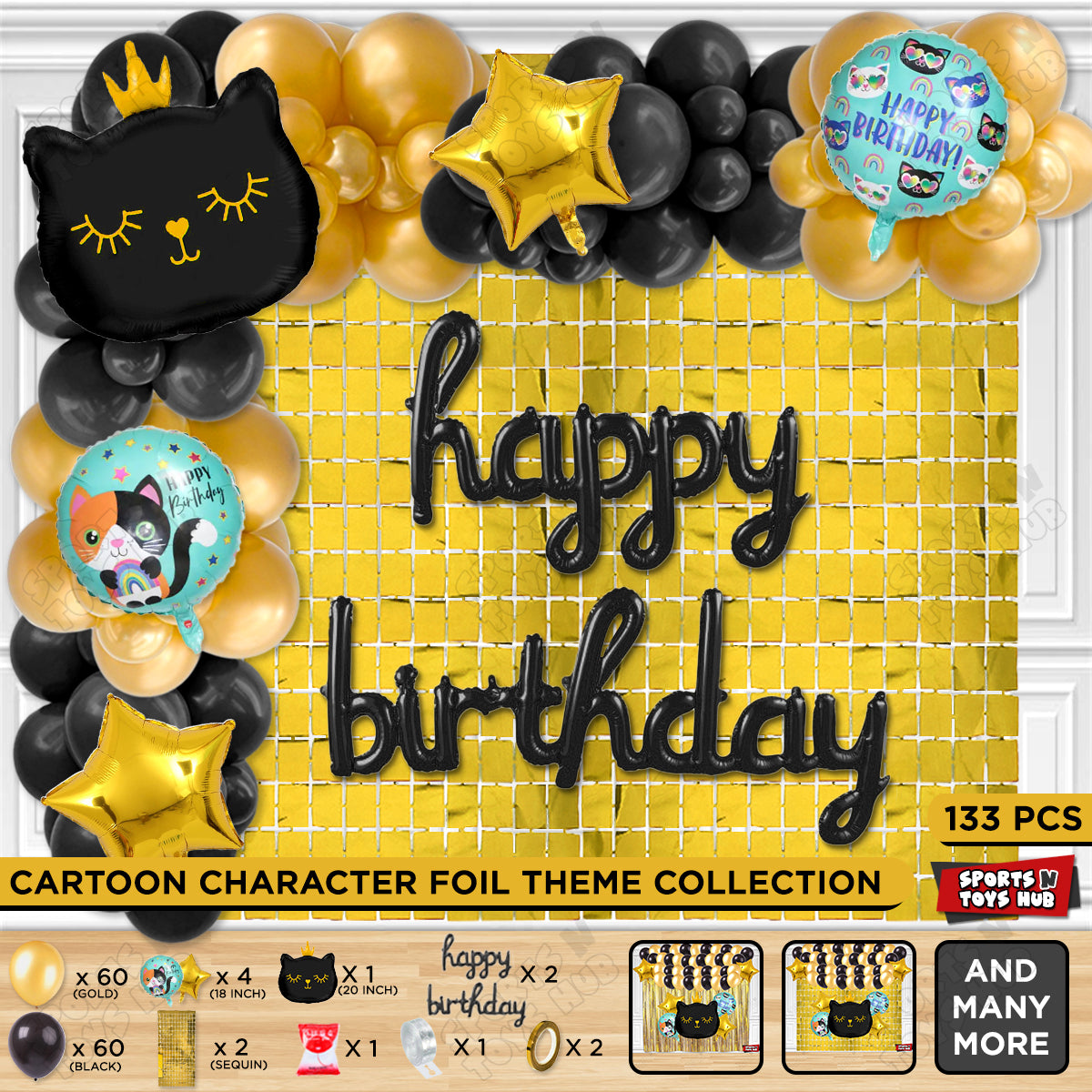 Cartoon Crown Black Kitten Cat Foil Balloon Set With Happy Birthday Cursive Foil Letter Arch Theme