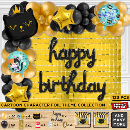 Cartoon Crown Black Kitten Cat Foil Balloon Set With Happy Birthday Cursive Foil Letter Arch Theme